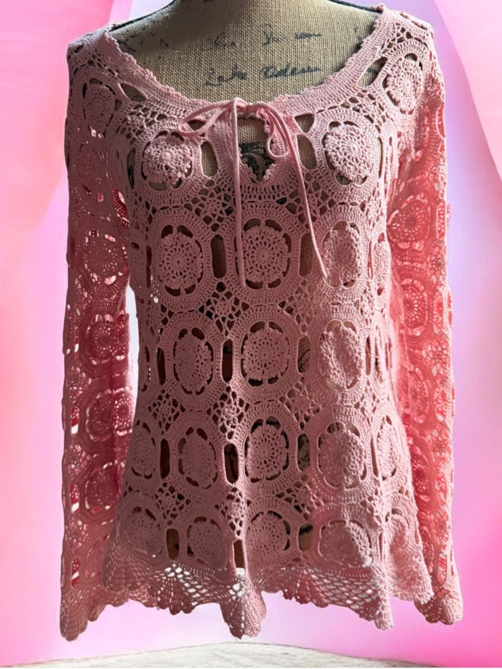 Hillard & Hanson Pink Crochet Tie-Neck Tunic large
